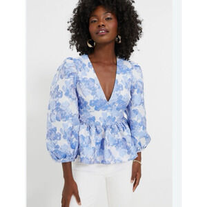 Tuckernuck Hyicinth House Blouse Top XS Blue Jacquard Puff Sleeve Elenor